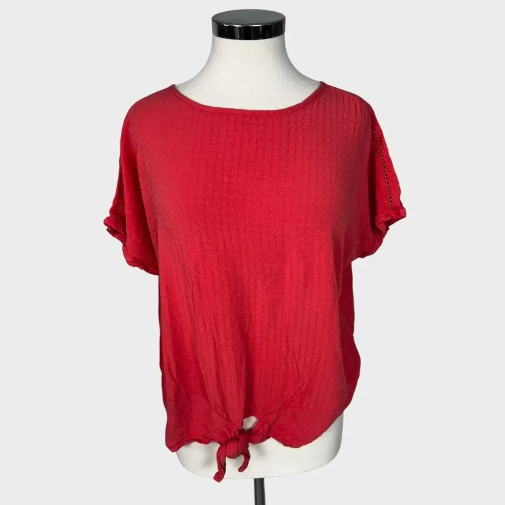 Buffalo David Bitton Womens Large Red Cap Sleeve Tie Waist Top 100% Viscose - Picture 2 of 12